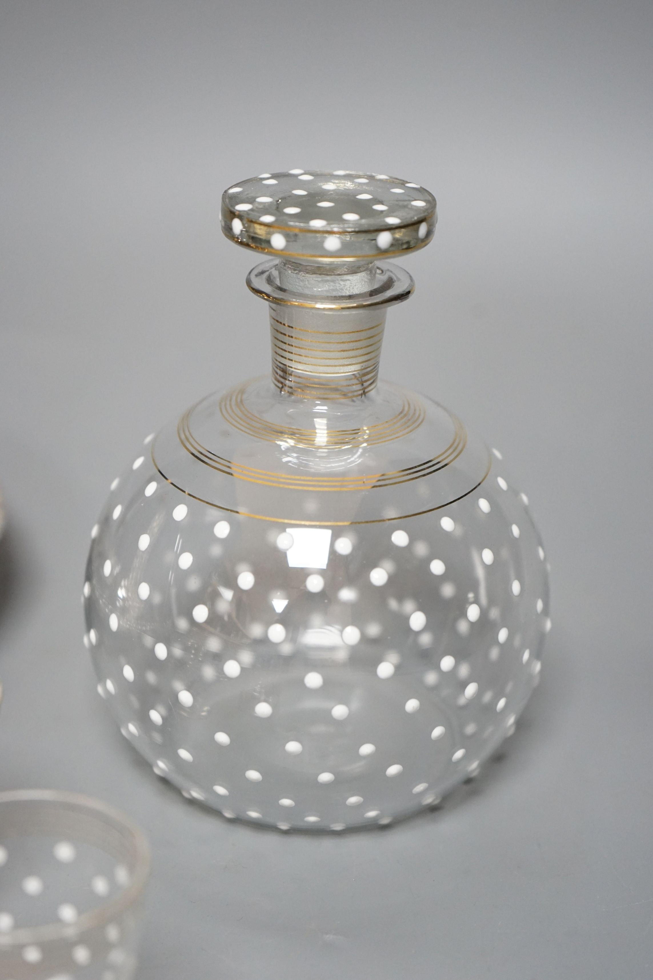 A silver-mounted Victorian thermometer, silver ashtray, plated basket stand, a small enamelled decanter and 4 matching glasses, thermometer 17.5cms high